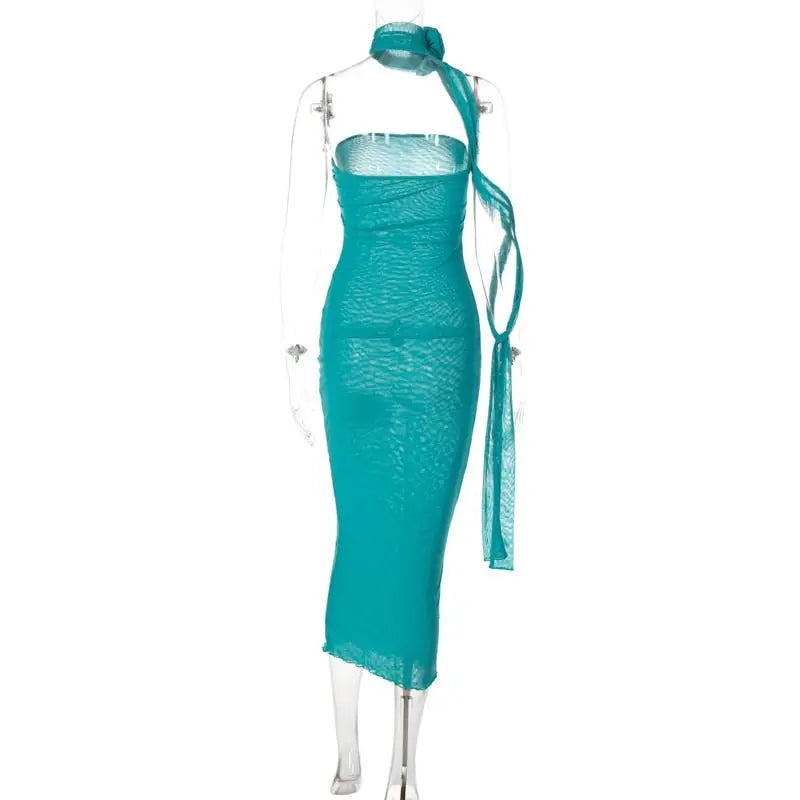 Mesh Flower Scarf Strapless Solid Elegant Sexy Bodycon Midi Prom Dress - Blade & Thread