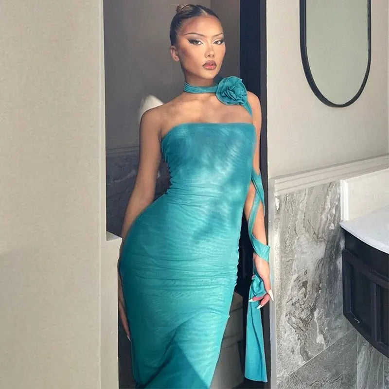 Mesh Flower Scarf Strapless Solid Elegant Sexy Bodycon Midi Prom Dress nowadaysfashion