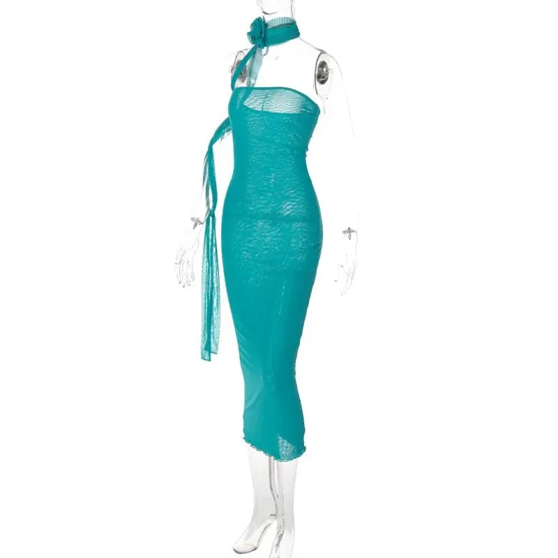 Mesh Flower Scarf Strapless Solid Elegant Sexy Bodycon Midi Prom Dress nowadaysfashion