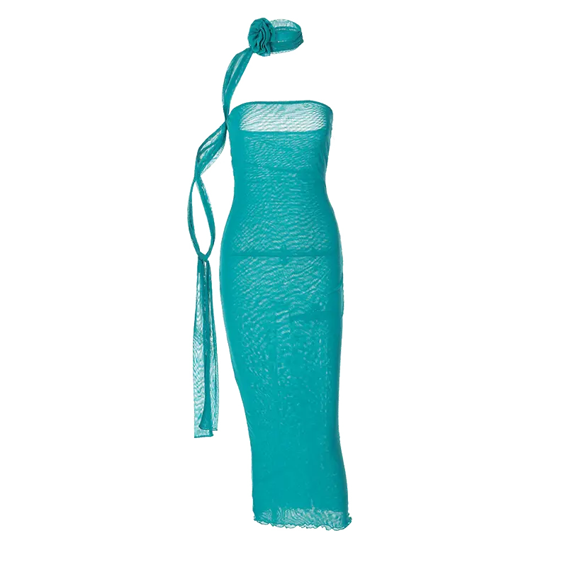 Mesh Flower Scarf Strapless Solid Elegant Sexy Bodycon Midi Prom Dress - Blade & Thread