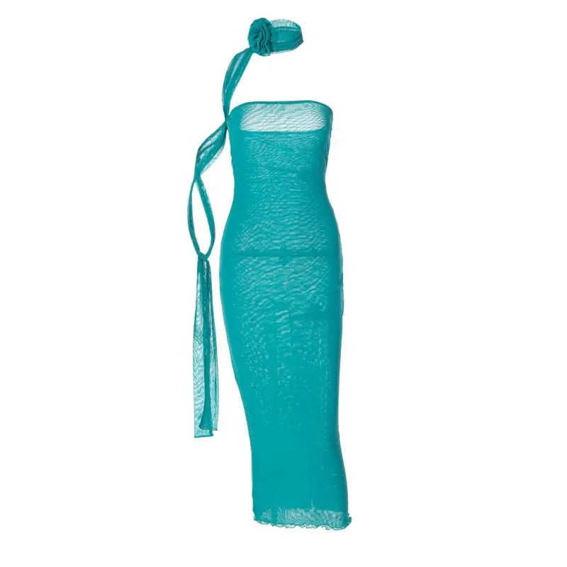 Mesh Flower Scarf Strapless Solid Elegant Sexy Bodycon Midi Prom Dress - Blade & Thread