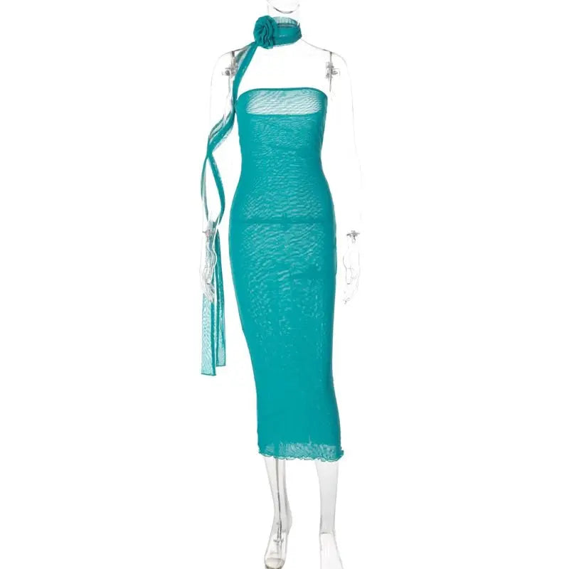 Mesh Flower Scarf Strapless Solid Elegant Sexy Bodycon Midi Prom Dress - Blade & Thread