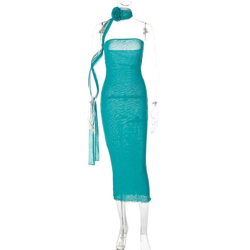 Mesh Flower Scarf Strapless Solid Elegant Sexy Bodycon Midi Prom Dress nowadaysfashion