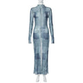 Mesh O Neck Long Flare Sleeve Print Slit Vintage Sexy Bodycon Maxi Dress nowadaysfashion