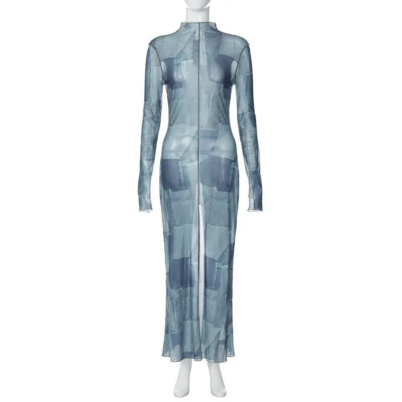 Mesh O Neck Long Flare Sleeve Print Slit Vintage Sexy Bodycon Maxi Dress - Blade & Thread