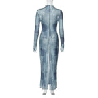 Mesh O Neck Long Flare Sleeve Print Slit Vintage Sexy Bodycon Maxi Dress nowadaysfashion
