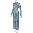 Mesh O Neck Long Flare Sleeve Print Slit Vintage Sexy Bodycon Maxi Dress nowadaysfashion