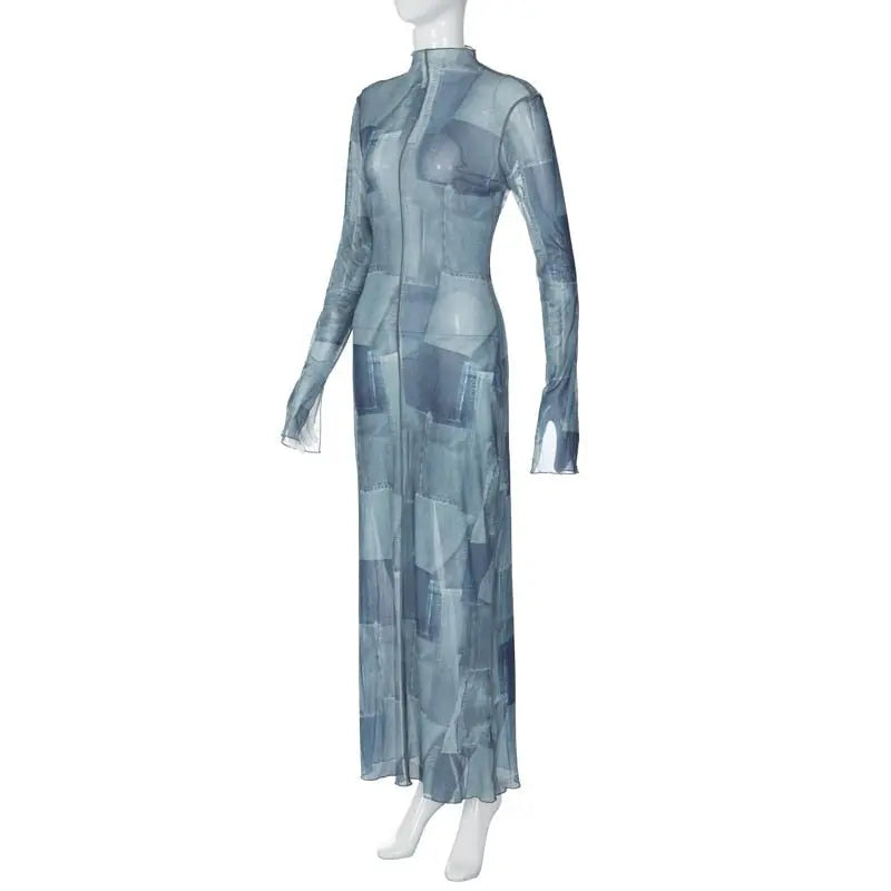 Mesh O Neck Long Flare Sleeve Print Slit Vintage Sexy Bodycon Maxi Dress nowadaysfashion
