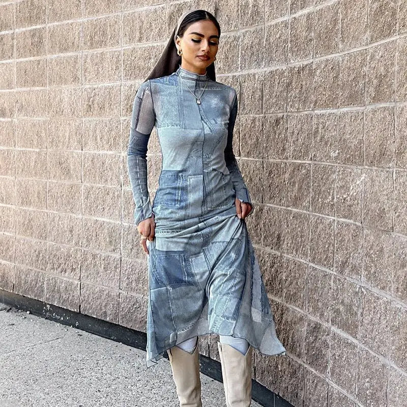 Mesh O Neck Long Flare Sleeve Print Slit Vintage Sexy Bodycon Maxi Dress nowadaysfashion