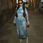Mesh O Neck Long Flare Sleeve Print Slit Vintage Sexy Bodycon Maxi Dress nowadaysfashion