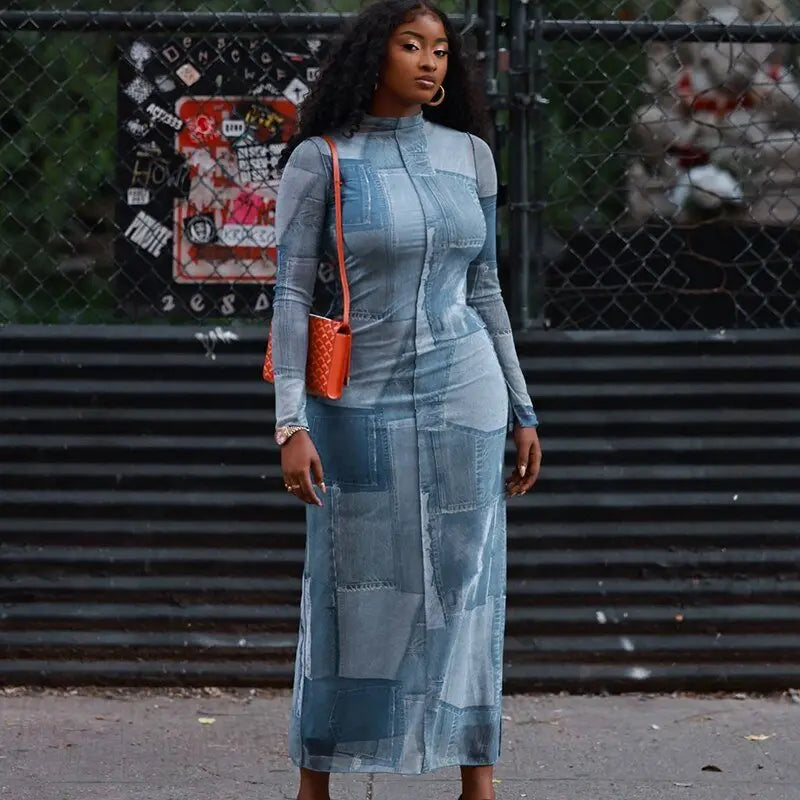Mesh O Neck Long Flare Sleeve Print Slit Vintage Sexy Bodycon Maxi Dress - Blade & Thread