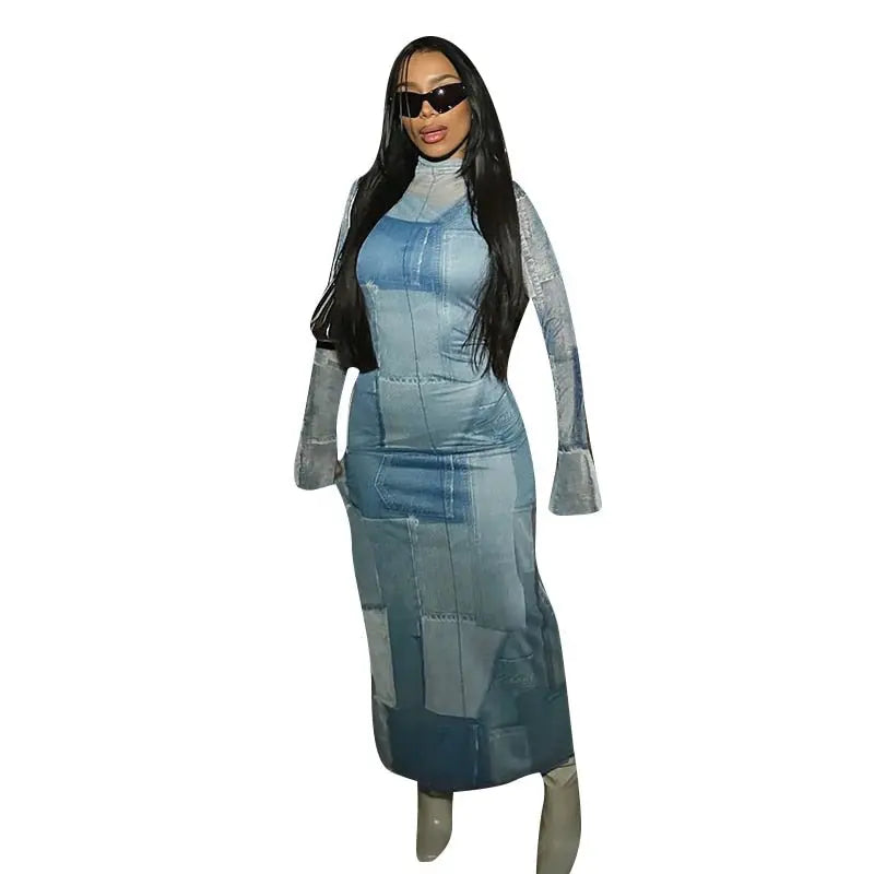 Mesh O Neck Long Flare Sleeve Print Slit Vintage Sexy Bodycon Maxi Dress nowadaysfashion