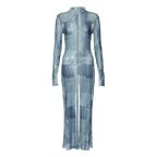 Mesh O Neck Long Flare Sleeve Print Slit Vintage Sexy Bodycon Maxi Dress nowadaysfashion