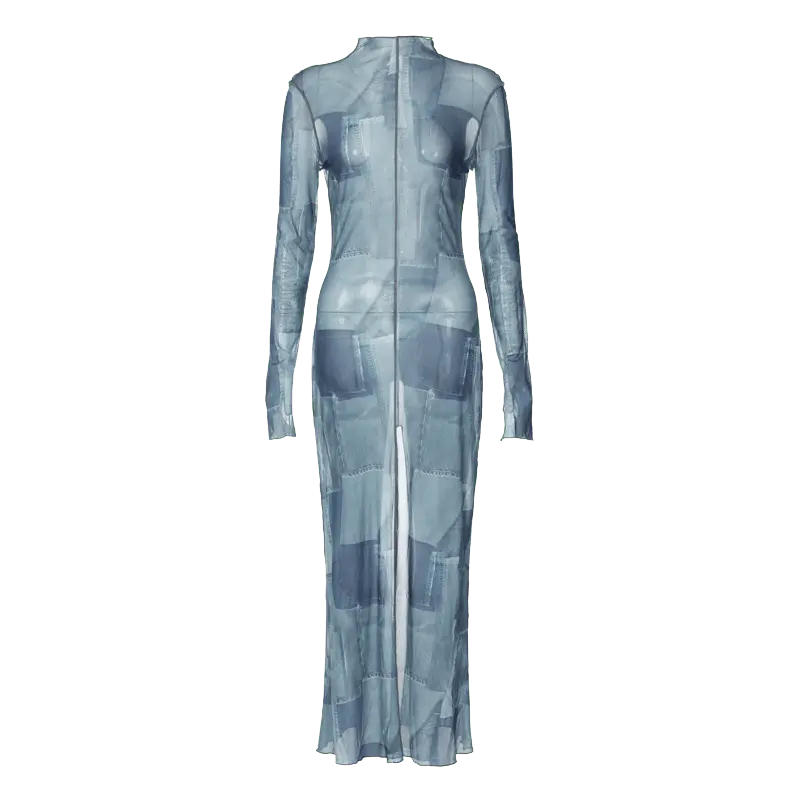 Mesh O Neck Long Flare Sleeve Print Slit Vintage Sexy Bodycon Maxi Dress - Blade & Thread
