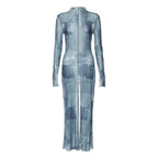 Mesh O Neck Long Flare Sleeve Print Slit Vintage Sexy Bodycon Maxi Dress nowadaysfashion
