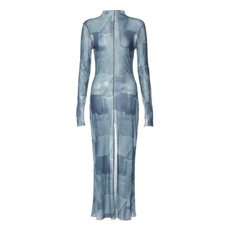 Mesh O Neck Long Flare Sleeve Print Slit Vintage Sexy Bodycon Maxi Dress nowadaysfashion