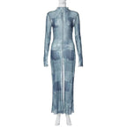 Mesh O Neck Long Flare Sleeve Print Slit Vintage Sexy Bodycon Maxi Dress nowadaysfashion