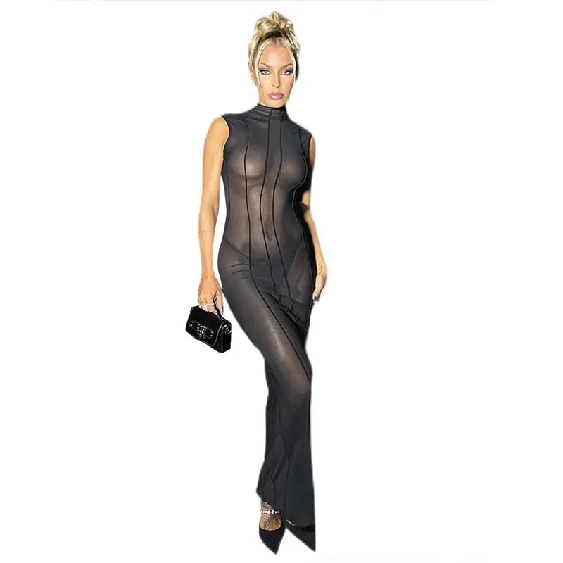 Mesh O Neck Long Sleeves Backless Lace Up See Through Sexy Bodycon Maxi Dress nowadaysfashion