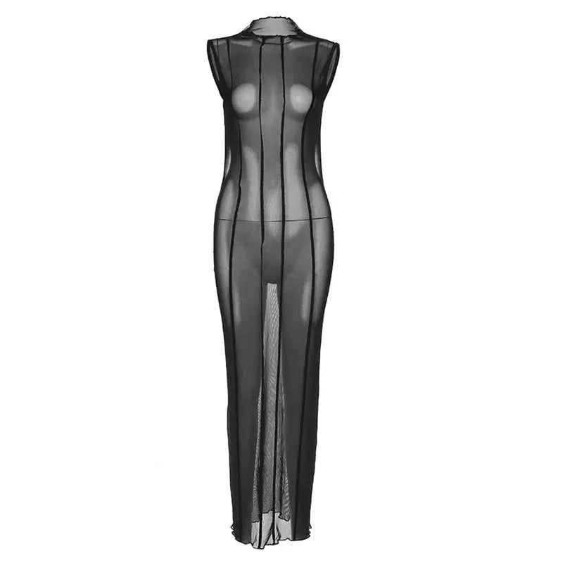 Mesh O Neck Long Sleeves Backless Lace Up See Through Sexy Bodycon Maxi Dress - Blade & Thread