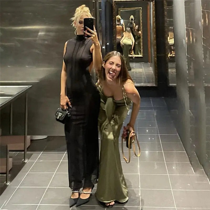Mesh O Neck Long Sleeves Backless Lace Up See Through Sexy Bodycon Maxi Dress - Blade & Thread