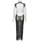 Mesh O Neck Long Sleeves Backless Lace Up See Through Sexy Bodycon Maxi Dress nowadaysfashion