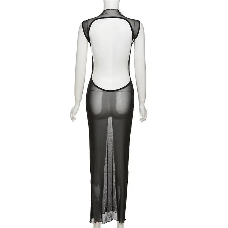 Mesh O Neck Long Sleeves Backless Lace Up See Through Sexy Bodycon Maxi Dress - Blade & Thread
