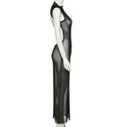 Mesh O Neck Long Sleeves Backless Lace Up See Through Sexy Bodycon Maxi Dress nowadaysfashion