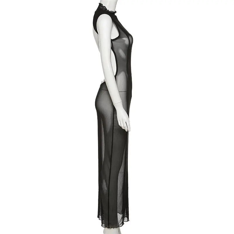 Mesh O Neck Long Sleeves Backless Lace Up See Through Sexy Bodycon Maxi Dress nowadaysfashion