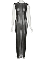 Mesh O Neck Long Sleeves Backless Lace Up See Through Sexy Bodycon Maxi Dress nowadaysfashion