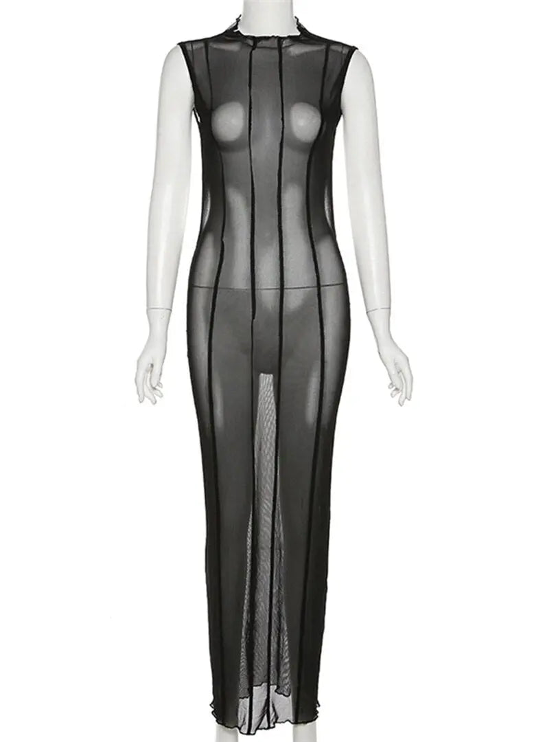 Mesh O Neck Long Sleeves Backless Lace Up See Through Sexy Bodycon Maxi Dress - Blade & Thread