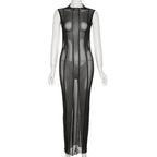 Mesh O Neck Long Sleeves Backless Lace Up See Through Sexy Bodycon Maxi Dress nowadaysfashion