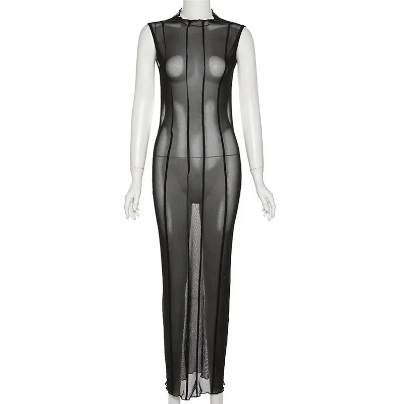 Mesh O Neck Long Sleeves Backless Lace Up See Through Sexy Bodycon Maxi Dress - Blade & Thread