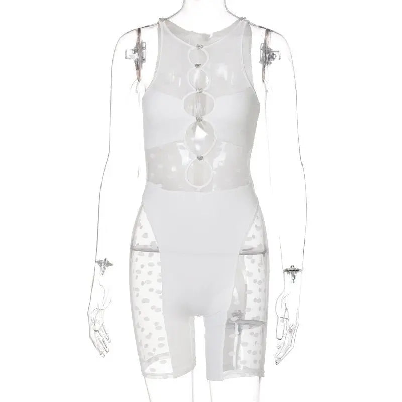 Mesh Sheer Patchwork Playsuit Birthday for Women Y2k Clothes Shorts Rompers - Blade & Thread