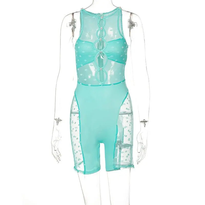 Mesh Sheer Patchwork Playsuit Birthday for Women Y2k Clothes Shorts Rompers nowadaysfashion