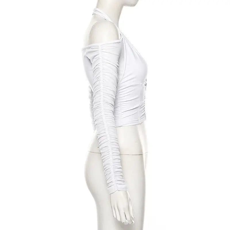 Mesh Shirt Women Tshirt Top Autumn Halter V-neck Off the Shoulder T-shirts Streetwear Top - Blade & Thread