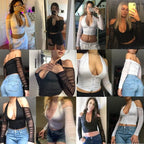 Mesh Shirt Women Tshirt Top Autumn Halter V-neck Off the Shoulder T-shirts Streetwear Top nowadaysfashion