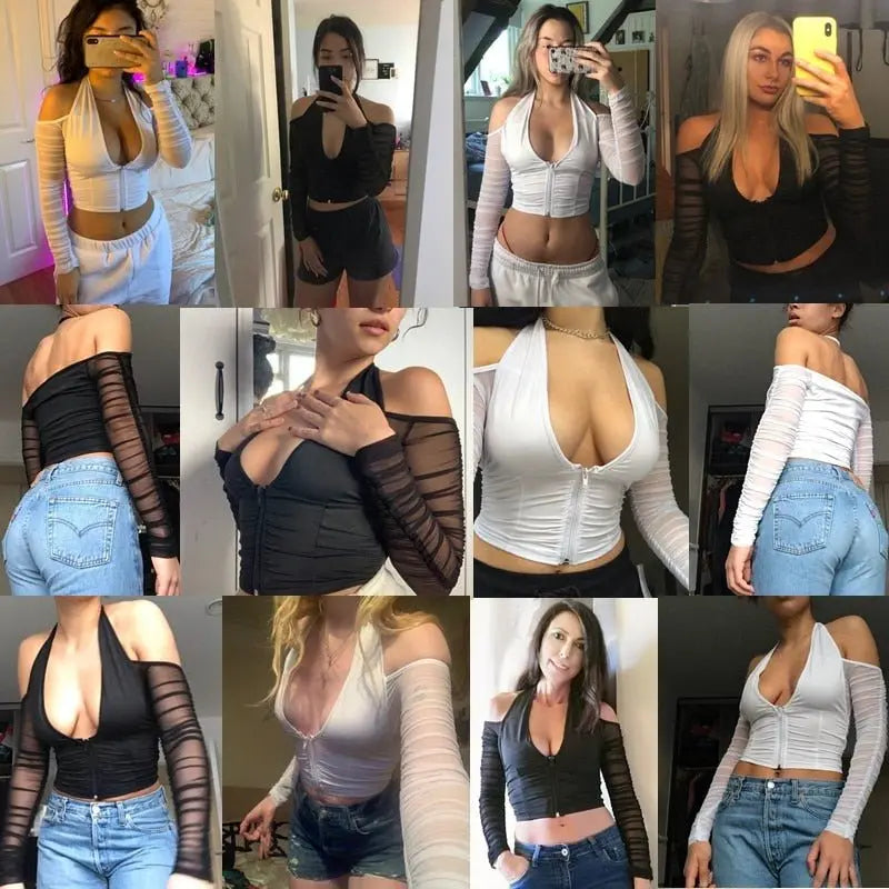 Mesh Shirt Women Tshirt Top Autumn Halter V-neck Off the Shoulder T-shirts Streetwear Top - Blade & Thread