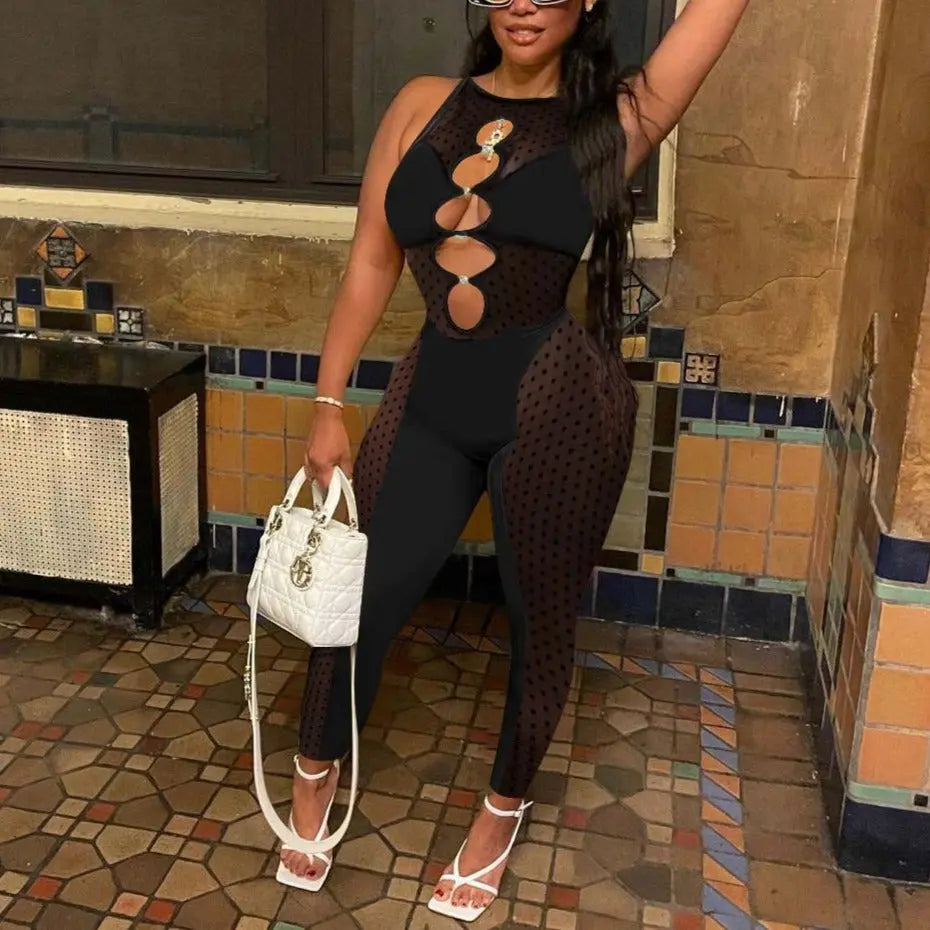Mesh  Women Sleeveless Jumpsuit Skinny Sexy Streetwear Sportswear Long pant Rompers 2022 Summer nowadaysfashion