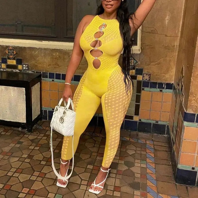 Mesh  Women Sleeveless Jumpsuit Skinny Sexy Streetwear Sportswear Long pant Rompers 2022 Summer nowadaysfashion