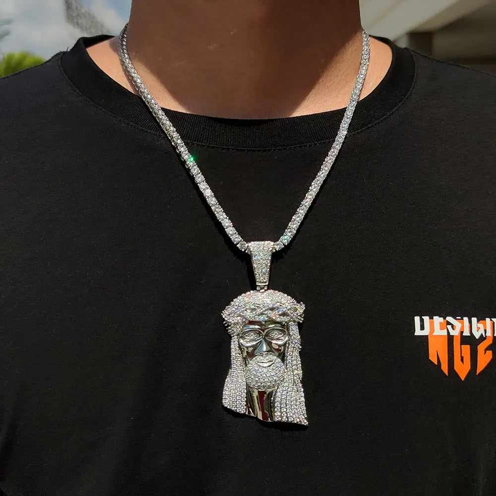 Micro Paved Zircon Jesus Head Hip Hop Men's Pendant Necklace - Blade & Thread
