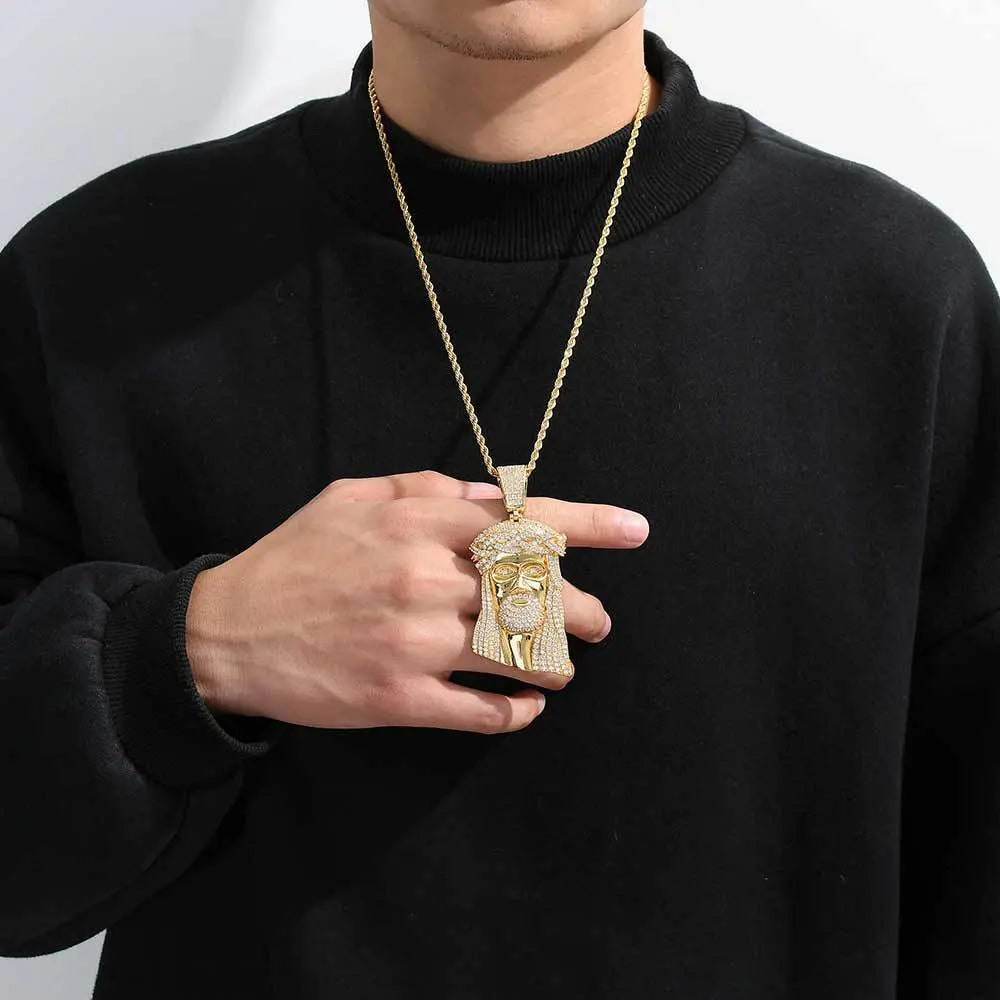 Micro Paved Zircon Jesus Head Hip Hop Men's Pendant Necklace - Blade & Thread