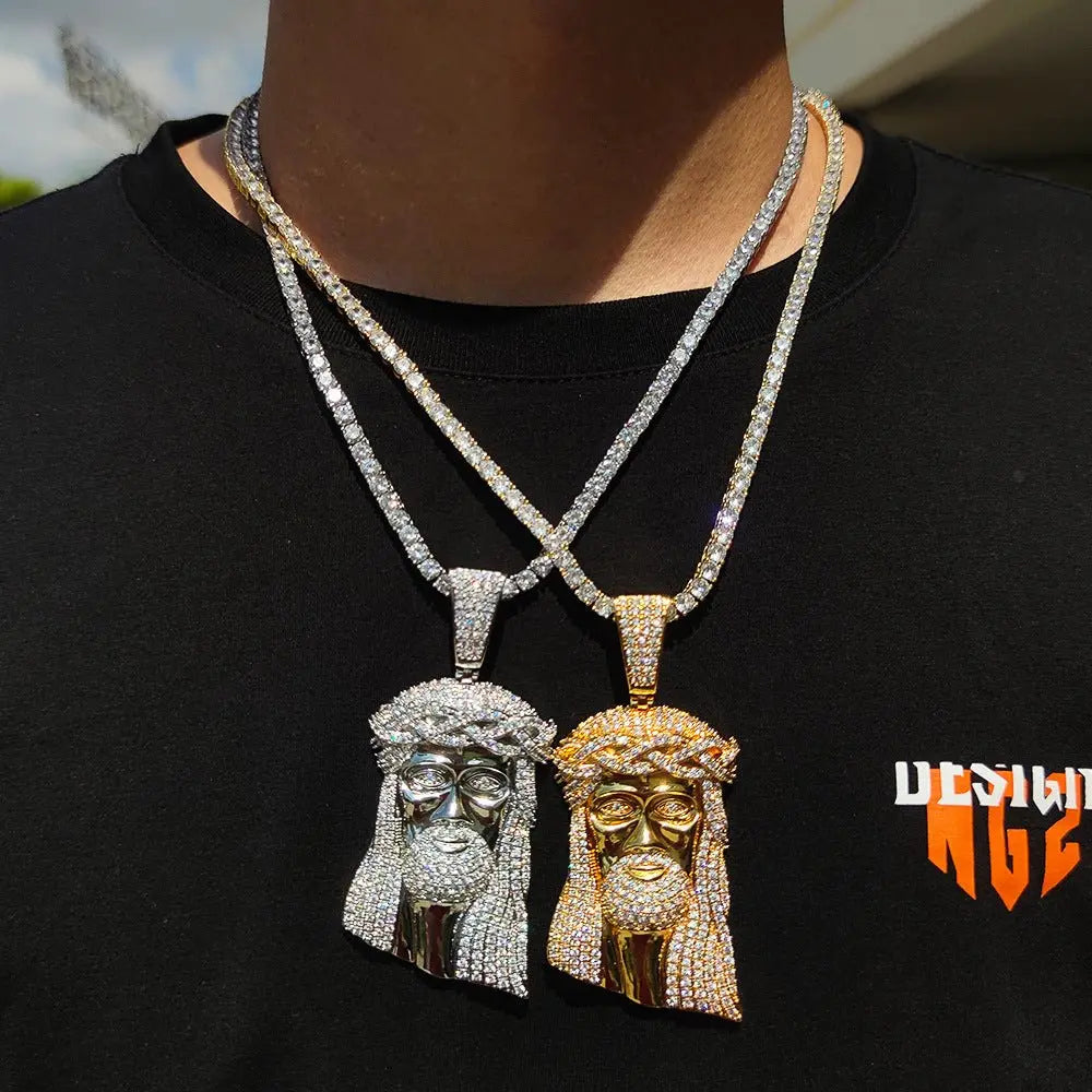 Micro Paved Zircon Jesus Head Hip Hop Men's Pendant Necklace - Blade & Thread