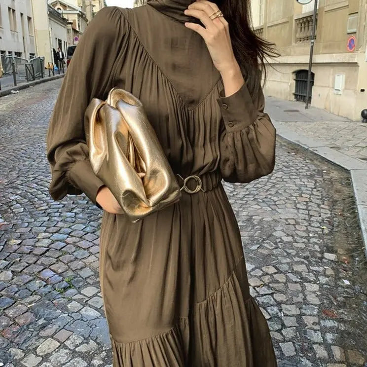 Mid-Long Loose Dress Female Vintage Turtleneck Spring Dress Vestidos Femme Robe - Blade & Thread