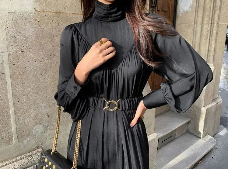 Mid-Long Loose Dress Female Vintage Turtleneck Spring Dress Vestidos Femme Robe nowadaysfashion