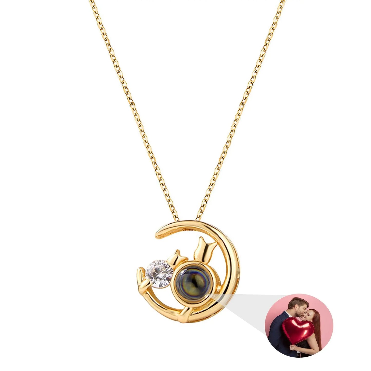 Moon Cat with customizable photos Projection Necklace Pendant Jewelry - Blade & Thread