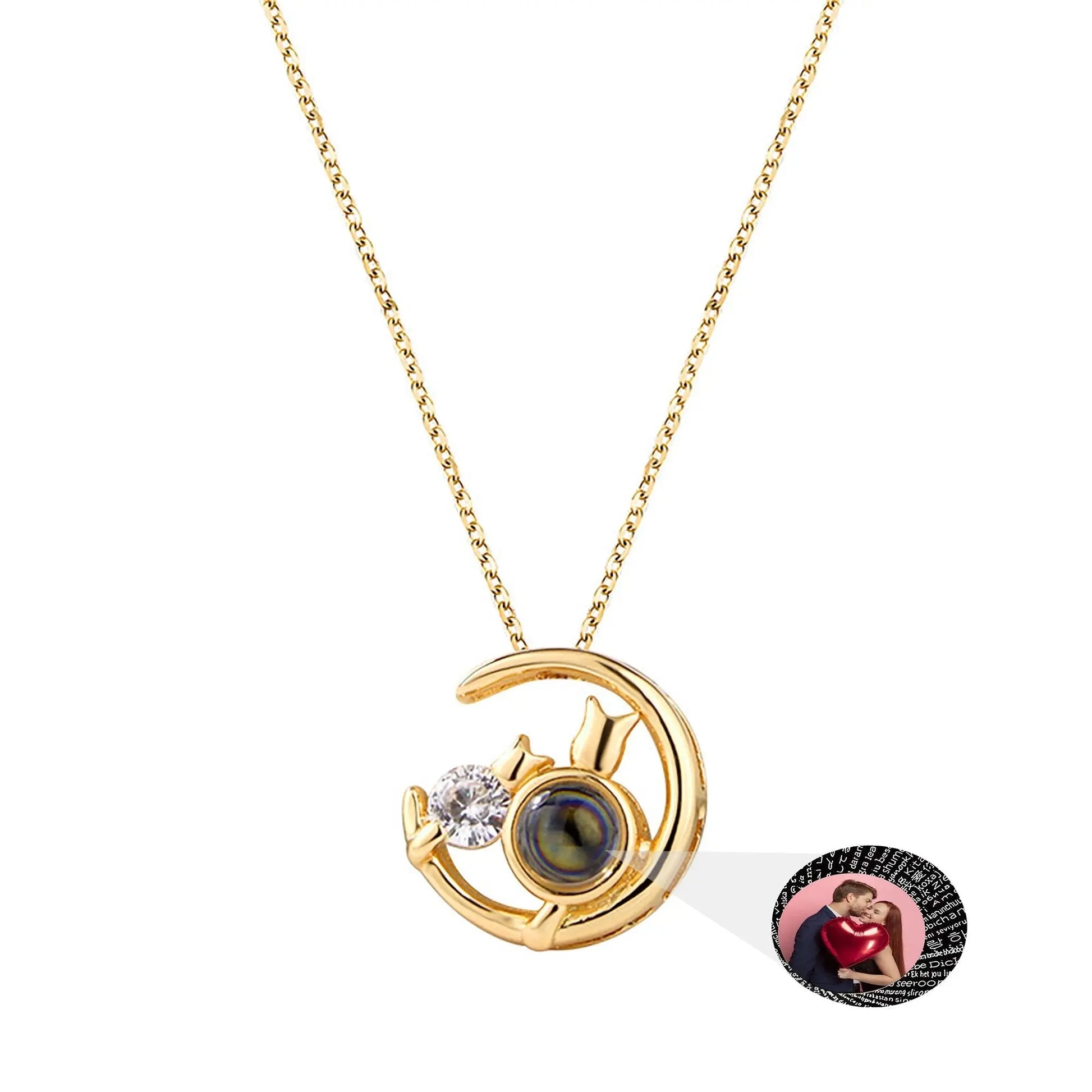 Moon Cat with customizable photos Projection Necklace Pendant Jewelry - Blade & Thread