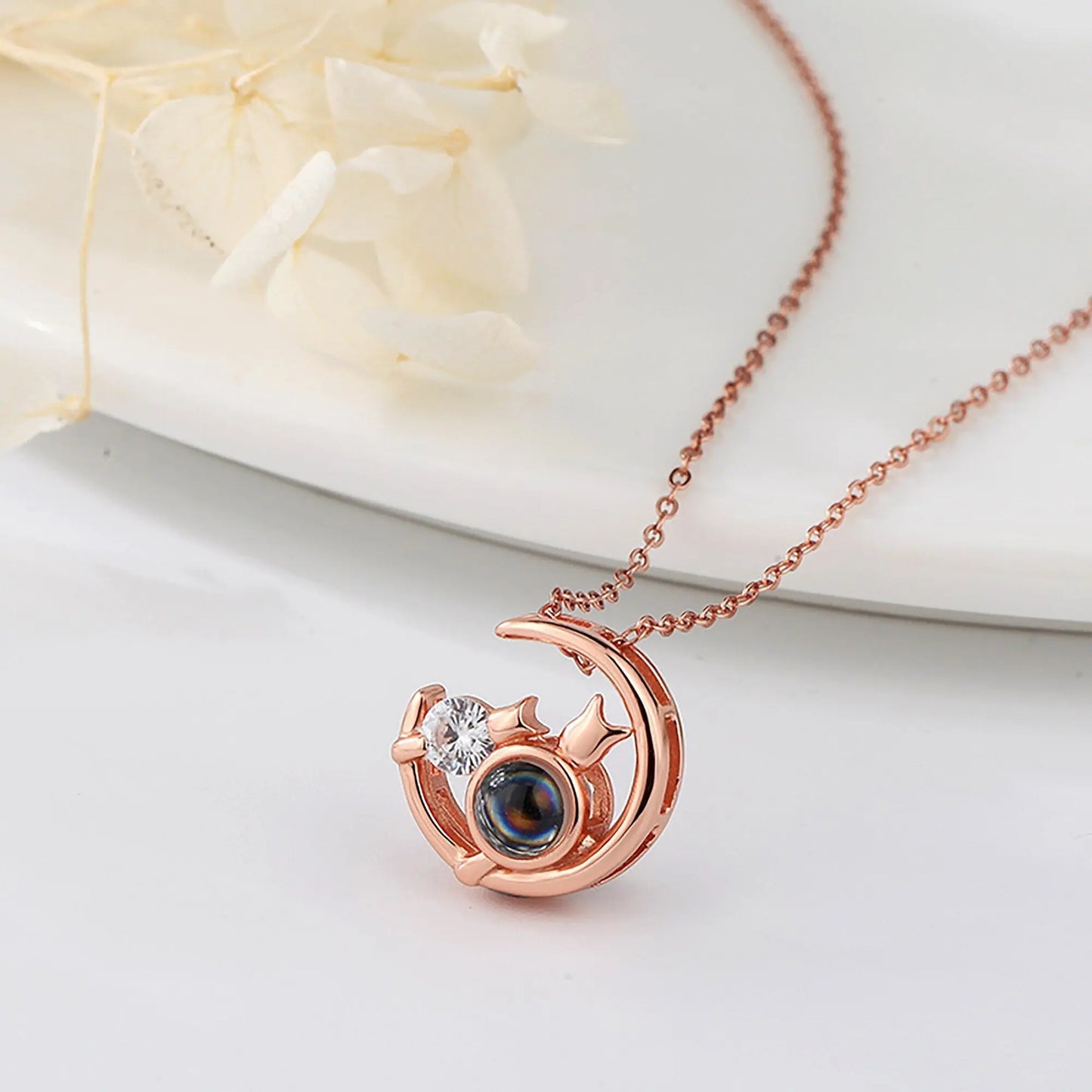 Moon Cat with customizable photos Projection Necklace Pendant Jewelry - Blade & Thread
