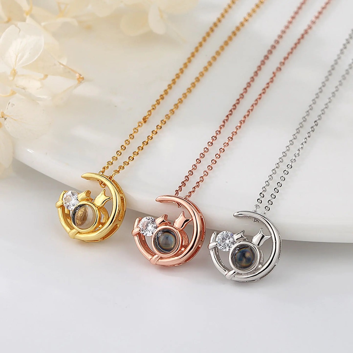 Moon Cat with customizable photos Projection Necklace Pendant Jewelry - Blade & Thread