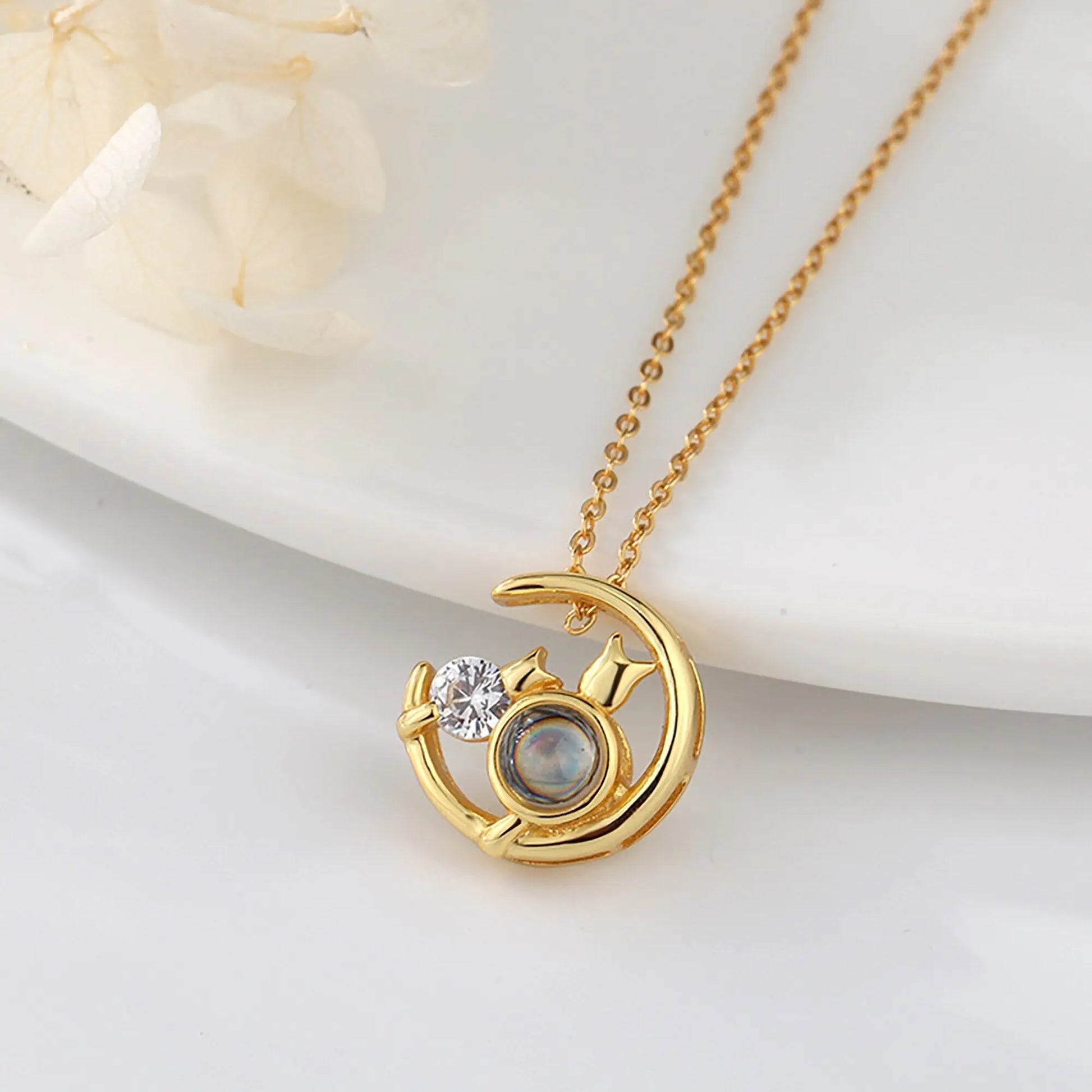 Moon Cat with customizable photos Projection Necklace Pendant Jewelry - Blade & Thread
