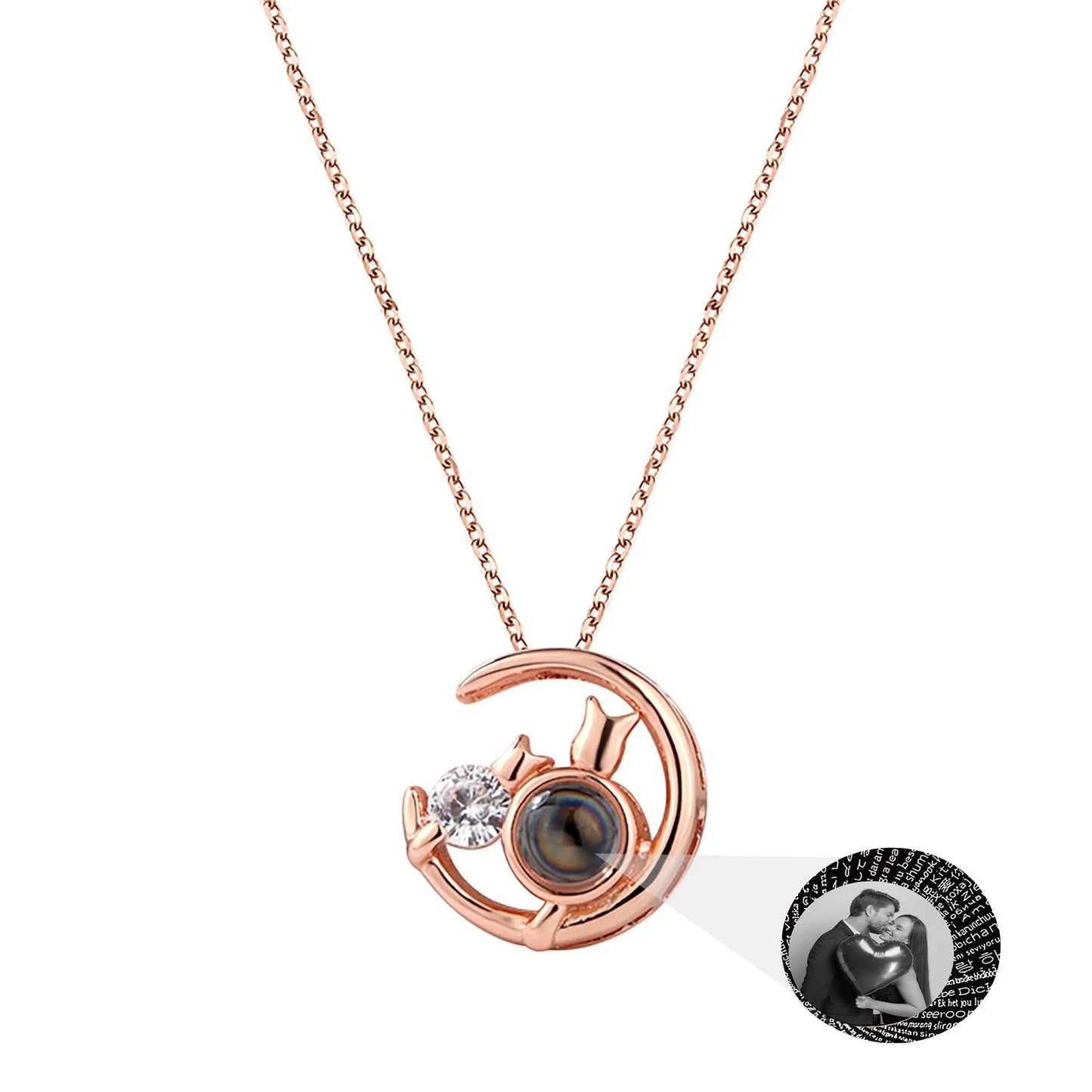 Moon Cat with customizable photos Projection Necklace Pendant Jewelry - Blade & Thread